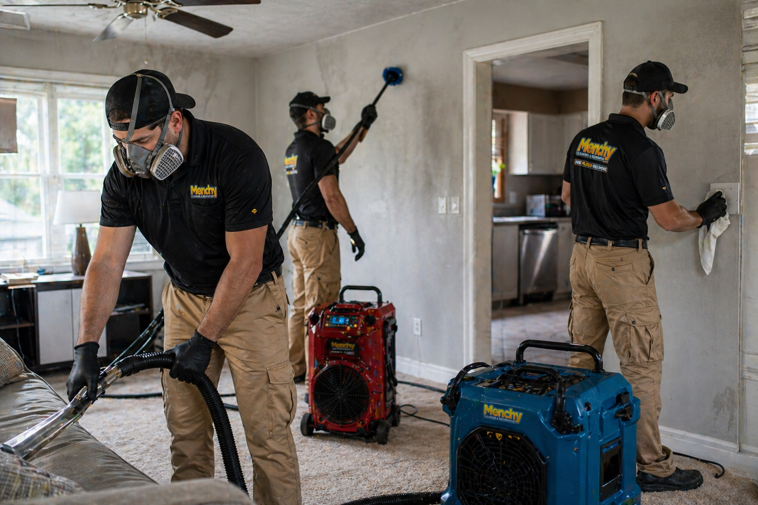 IICRC certified soot cleaning technicians performing soot cleanup in interior of the property Staten Island NY