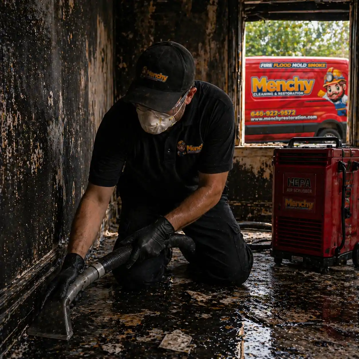 Residential fire damage suppression cleanup staten island ny fire damage cleaner removing fire suppression damage from residential property in staten island.
