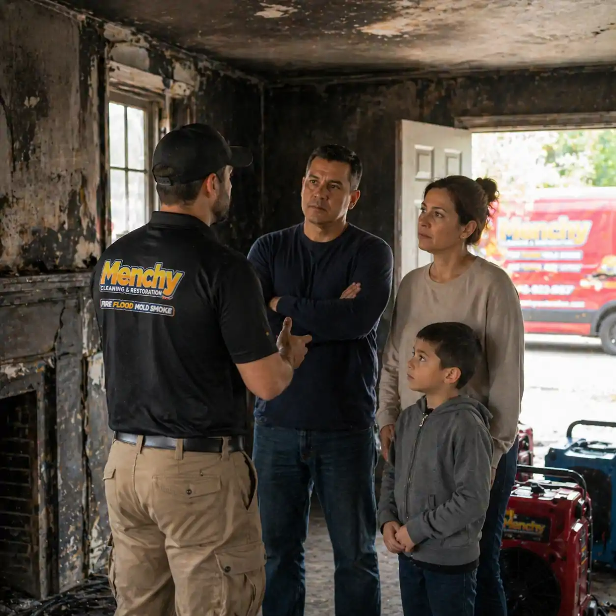 Fire damage staten island customer support residential fire damage technician speaking to staten island residential customer about fire damage.
